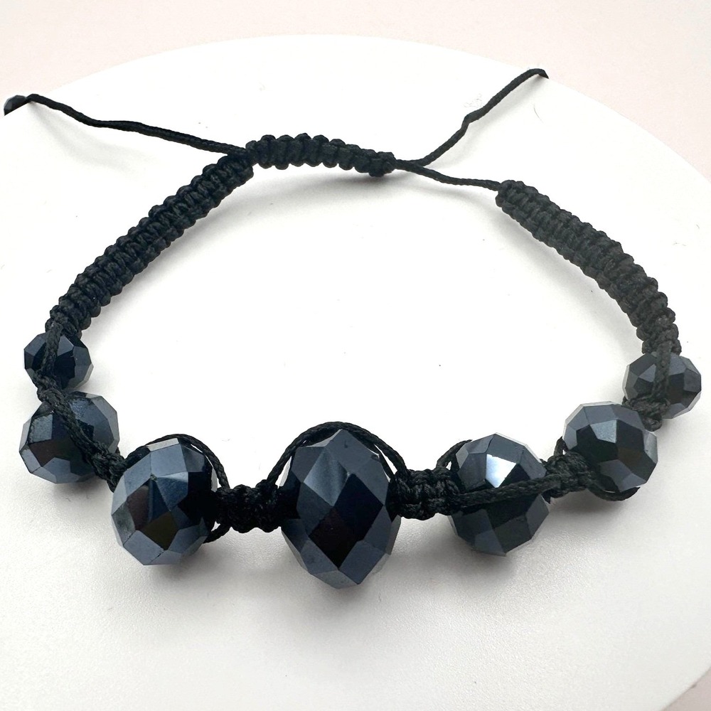 Vintage 90s Black Glass Beaded Macrame Bracelet Boho Classic Fashion Jewelry Y2K